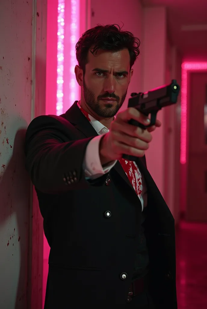 tall green-eyed white man with short black hair and thin beard with a mysterious appearance and an athletic bearing wearing a black suit and white blouse all covered in blood pointing a gun against a wall of a luxury nightclub with pink and white lights