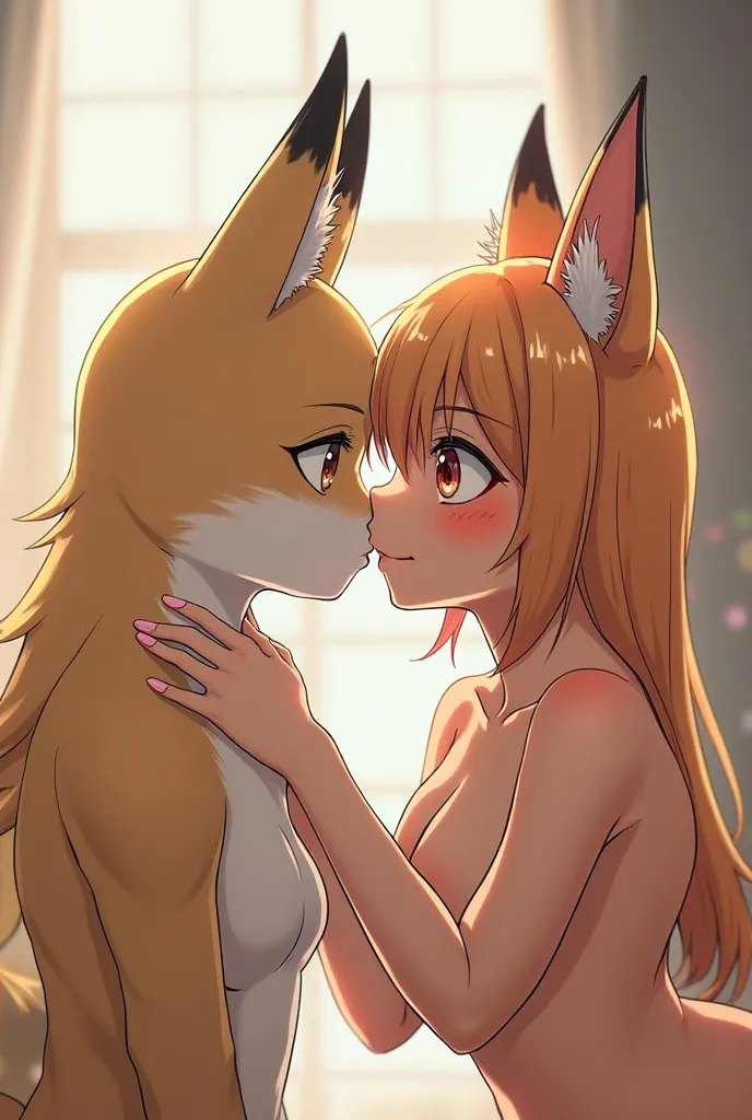 Anime fox girl solider getting a blowy from another fox solider girl with them both naked and very horny with butiful eyes and they both are touching each other while kissing 