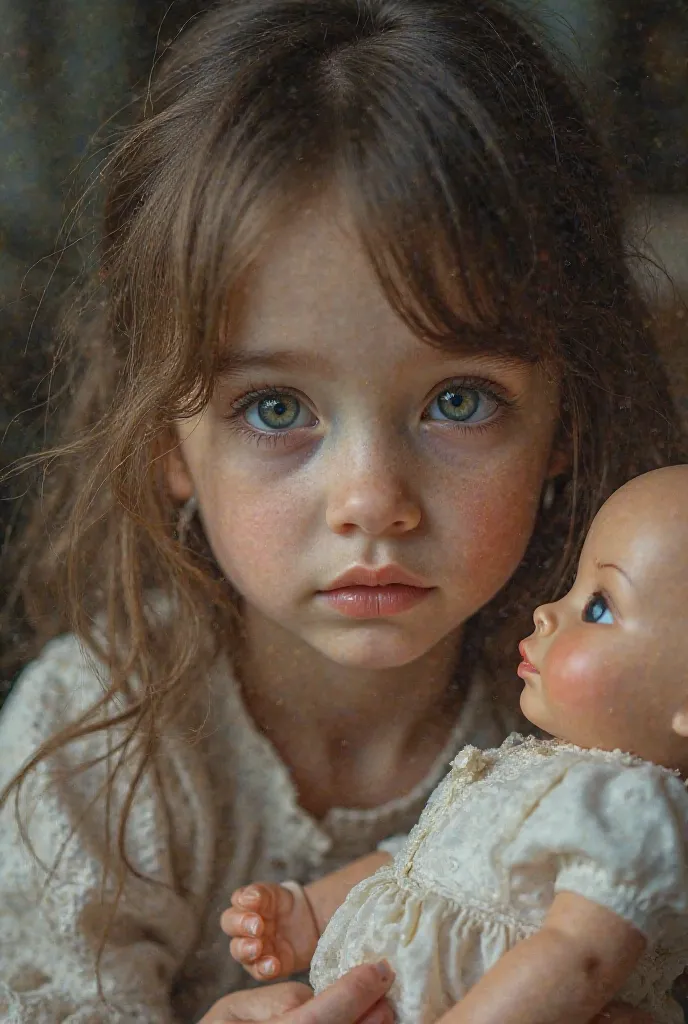 Beautiful  looking deep into the camera playing with her doll 