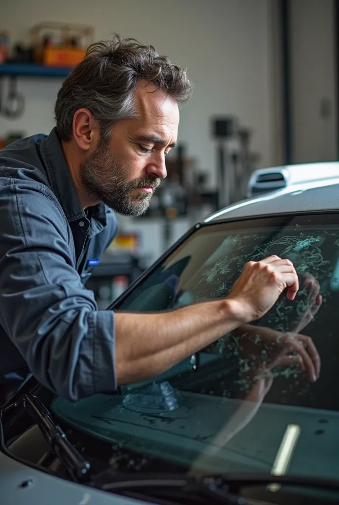 a man installing polarized in the window of a car 