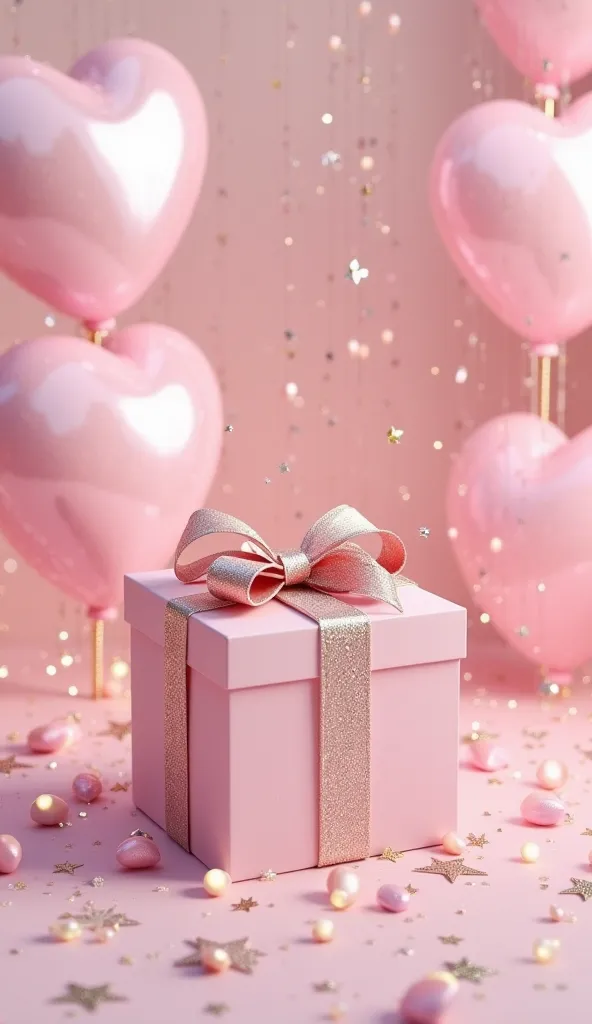 Cinematic 3D rendered gift box, giving off elegance with gentle pastel pink and rose pink nuances. The surface is smooth and refined, showcasing a delicate and luxurious texture. The ribbon and bow feature a textured, craftsmanship design, adding depth and...