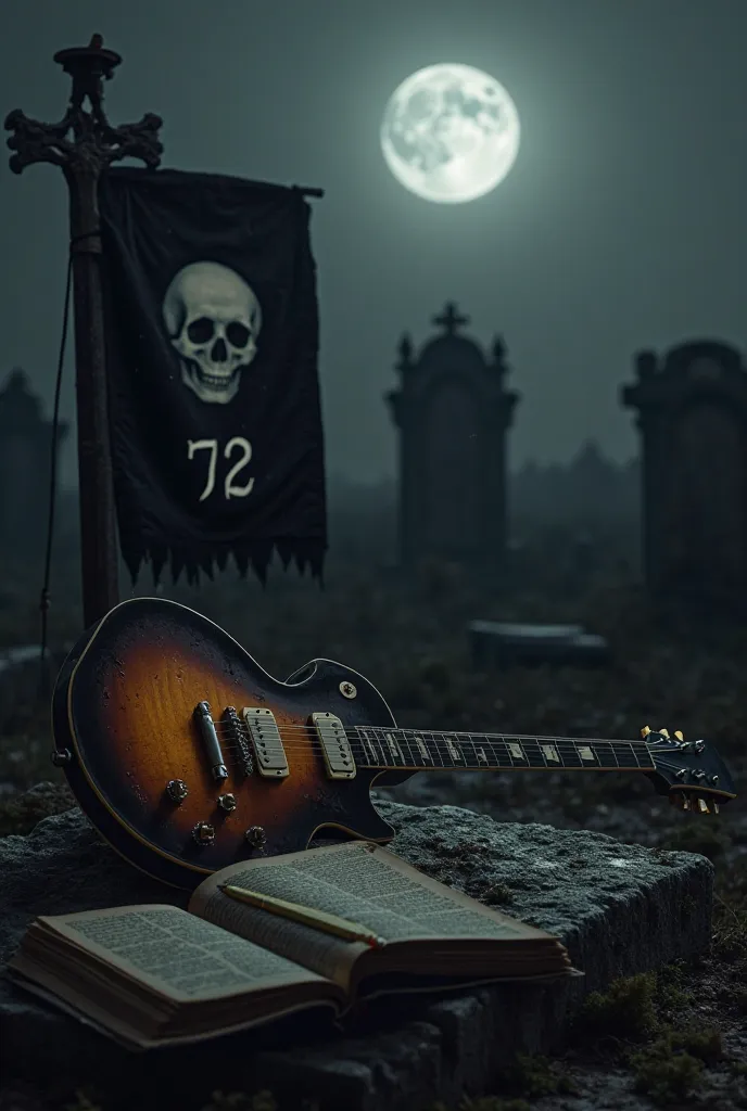 In a dark and dark cemetery, the shadows envelop every corner. A Gibson Les Paul guitar, with the glow extinguished by the haze, rests on a worn headstone. At your side, an old book is opened, with a pencil placed on its pages, flies as if someone had left...