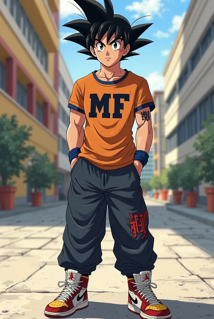 Create a Goku with college style Jordan, sneakers with the initials MF on his shirt