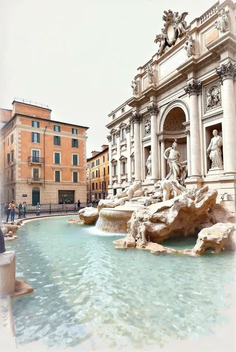 Create a pencil drawn color image of the Trevi Fountain, featuring soft flowing water with gentle, delicate lines. The overall tone should evoke timeless beauty, elegance, and mysticism. Include gold foil accents to highlight key details, like the water an...