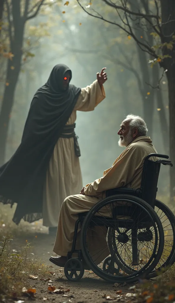 The Death (the figure with a dark cloak and red eyes) in the background starts running towards the old man in a wheelchair, but when Death is about to touch the old man, Jesus (the one with the white robe) raise his arm and a light barrier rises up stoppin...