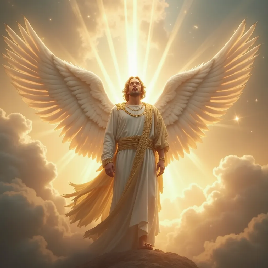 A majestic and powerful angel of God, standing with authority, looking directly into the viewer's eyes. His gaze is intense yet filled with divine protection and wisdom. His large, radiant wings extend behind him, glowing with ethereal light. His presence ...