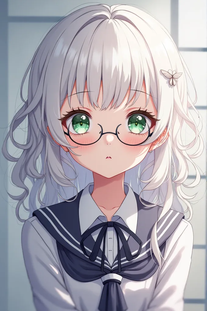 You can generate a photo of an anime girl with long hair, curly and white, with bangs. He wears round glasses and has a nose piercing. He has fair skin and a sweet and tender appearance. The image must have high quality and a modern anime style. The girl h...