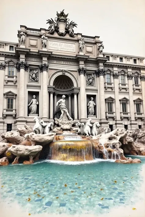 Create a pencil drawn color image of the Trevi Fountain, featuring soft flowing water with gentle, delicate lines. The overall tone should evoke timeless beauty, elegance, and mysticism. Include gold foil accents to highlight key details, like the water an...