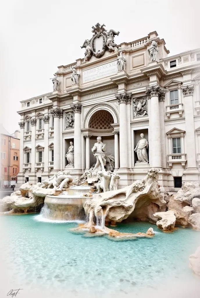 Create a pencil drawn color image of the Trevi Fountain, featuring soft flowing water with gentle, delicate lines. The overall tone should evoke timeless beauty, elegance, and mysticism. Include gold foil accents to highlight key details, like the water an...