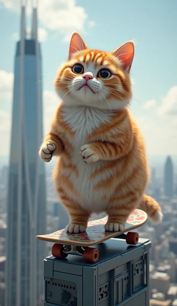 Cute fatty cat enjoys ride skate board on the side top of highest building, standing  like human