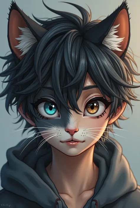 A boy who is around  and he's a hybrid, half cat and half human, the right side of his hair is black and his right eye is brown. The left side of his hair is gray and his left eye is blue, the left side of him is more cat like the the right. Realistic, rea...