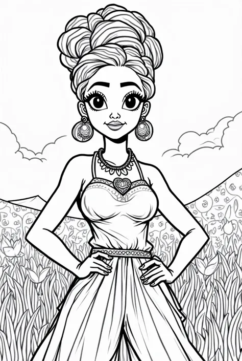 A black-and-white line art sketch of a fictional woman of color, designed as a coloring page for ren. She has bold, expressive features, including large eyes full of warmth and confidence, a strong nose, and full lips. Her hair is styled uniquely, reflecti...