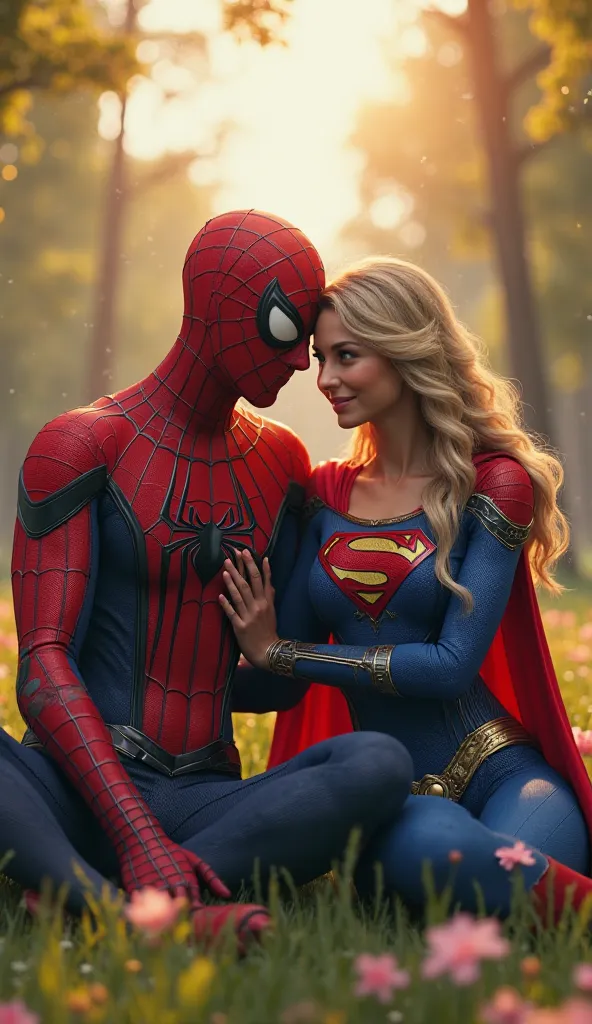 "A highly detailed 3D render of two iconic superheroes sitting together in a lush park during golden hour. The male superhero is wearing a red and blue textured suit with black web patterns and a black spider emblem on his chest. His mask covers his entire...