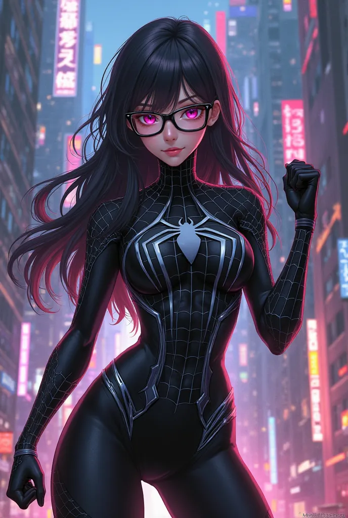 Can you make me a female anime character dressed as a black Spider-Man with glasses and long black hair