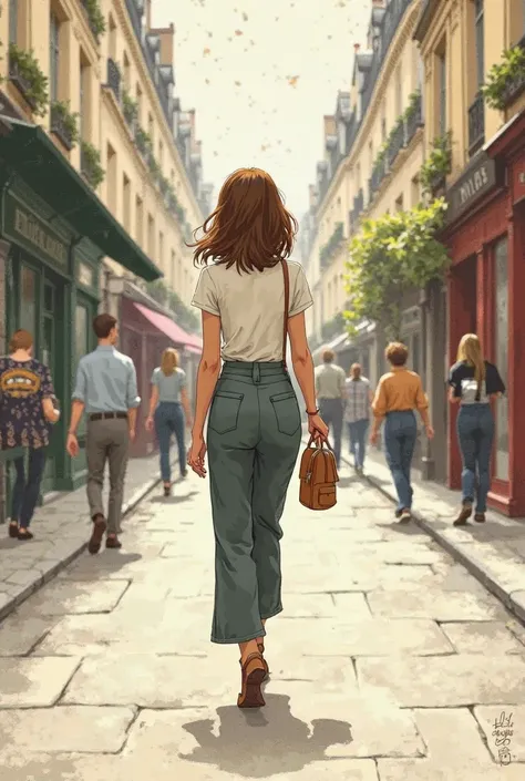 Diary cover with the figure of a woman, medium straight hair , brown color, pantaloon-style pants and short sleeve dress shirt, dress bag, walking backwards down a narrow street in Paris, no cars in the background