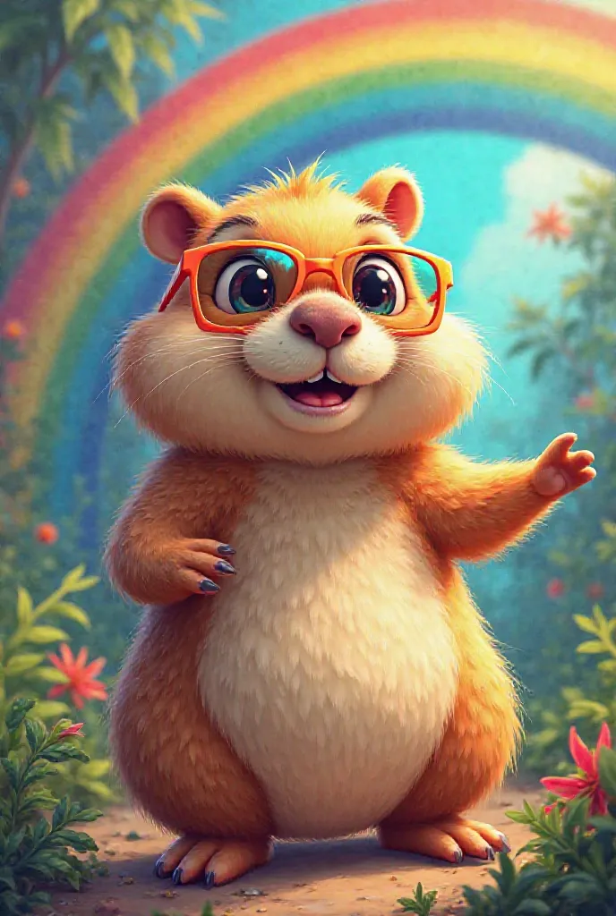 Create a baby capybara animated with a rainbow, Nunes and sunglasses