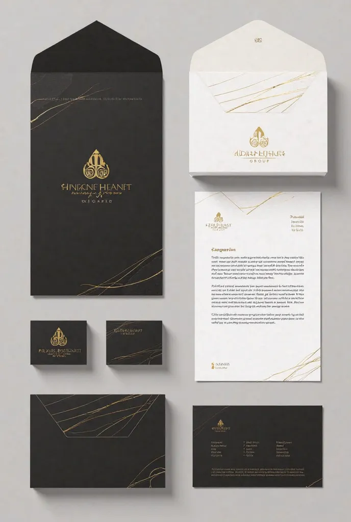 

**"A modern and luxurious design set for Altair Heights Group, featuring both an envelope and a letterhead with a black, gold, and white color palette. For the envelope, use a minimalistic design with the company logo on the front, positioned at the top ...