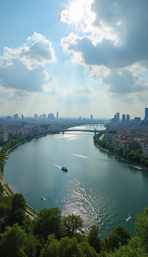 Hgraphic elements, Dynamic Light, Cinematics, HDR, UHD, professional PHOTOGRAPH OF:”
 Panoramic View of the confluence of the Danube and Sava Rivers
"Generate a breathtaking panoramic view of the confluence of the Danube and Sava Rivers in Belgrade. Captur...