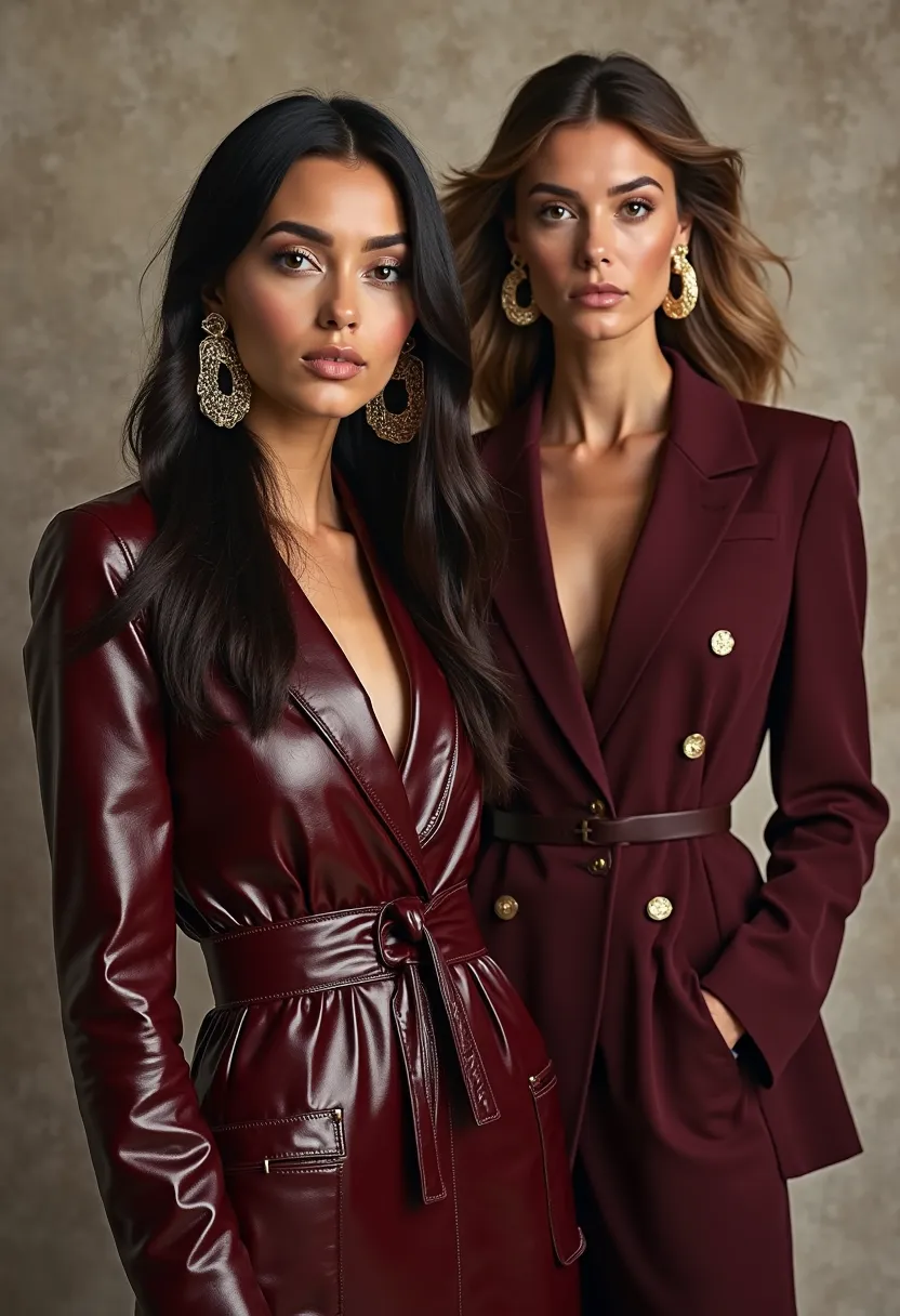 Two elegant women in a chic fashion studio, bathed in soft cinematic lighting that enhances the richness of their outfits. The raven-haired girl, with long flowing hair, wears a shiny burgundy patent leather coat cinched at the waist and huge gold hoop ear...