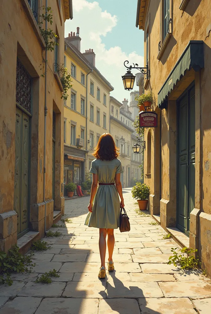 Diary cover with the figure of a woman, medium straight hair , brown color, short sleeve dress, dress bag, walking backwards down a narrow street in France, without cars or people in the background