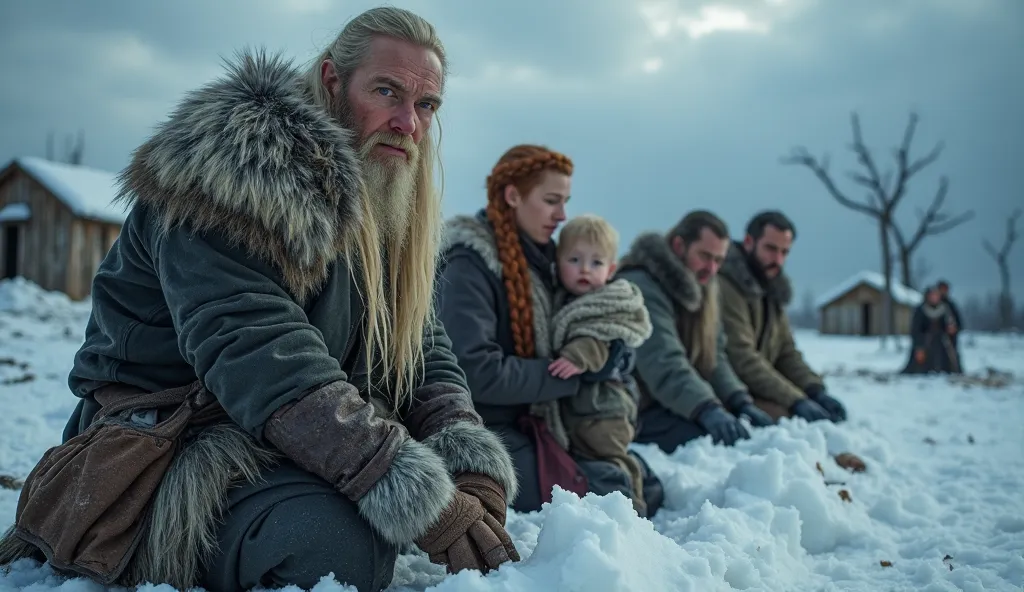 A dramatic and hyper-realistic cinematic scene of 'Real World Ragnarok' in Denmark: a vast, frozen landscape under a dark, stormy sky, with thick ash clouds blocking the sun. In the foreground, a group of Norse villagers, including a middle-aged man with l...