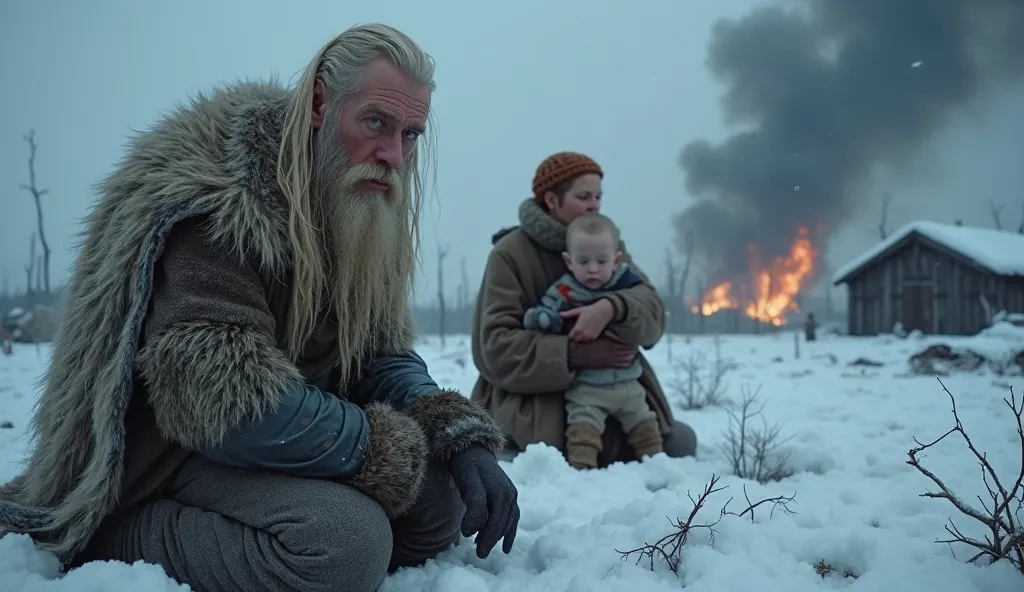 A dramatic and hyper-realistic cinematic scene of 'Real World Ragnarok' in Denmark: a vast, frozen landscape under a dark, stormy sky, with thick ash clouds blocking the sun. In the foreground, a group of Norse villagers, including a middle-aged man with l...