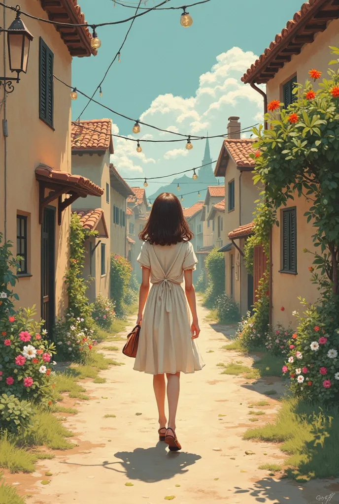 Diary cover with the figure of a ager, medium straight hair , brown color, short sleeve long dress dress, dress bag, walking backwards down a street in an old village, without cars or people in the background, with romantic touches of colors and flowers