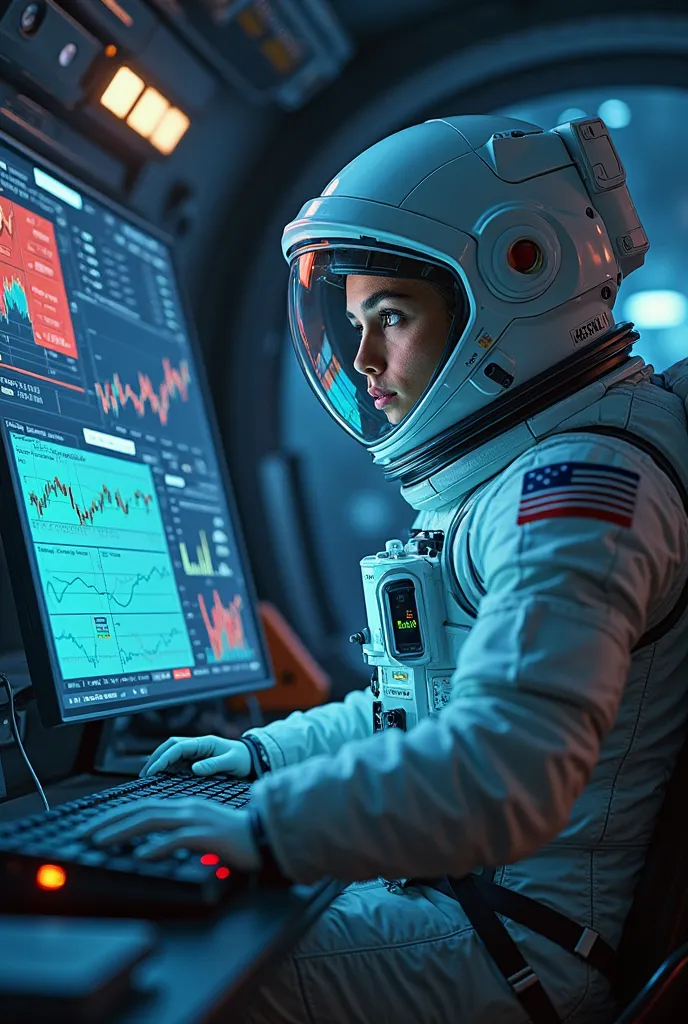 Make me a picture of an astronaut trading with the chart in front of the computer

