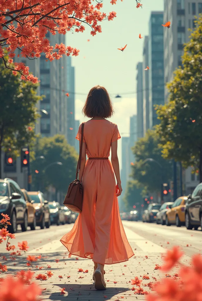 Agenda cover with the figure of a ager, short straight hair, brown color, short sleeve long dress dress, dress bag, Walking backwards down a street in São Paulo, no cars in the background, with romantic touches of colors and flowers