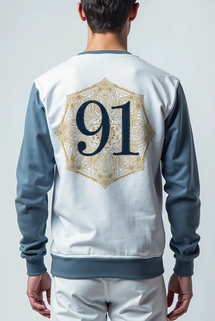 Create a sweatshirt with the following information: forehead: A subtle geometric composition, with gold or silver lines forming sophisticated patterns (as a fractal or an art deco inspired design), discreetly incorporating the number 91. back: A stylized m...