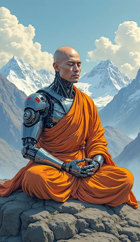 This image is a vibrant, digital anime-style illustration, neon-colored, vector style, Kyoto Animation stylized, pop-art, "A highly detailed, photorealistic depiction of a cybernetic monk meditating in a serene mountain environment. The monk has a robotic ...