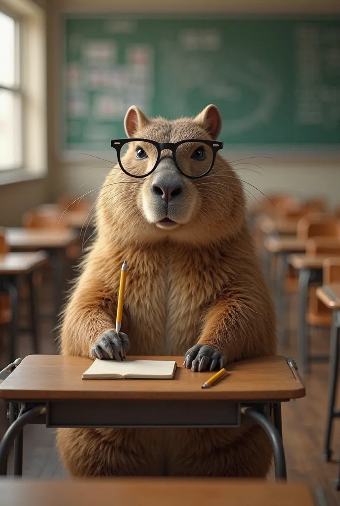 In the classroom, there is a capybara that  is wearing glasses, seating on the center of the room looking serious and has a pencil on her hand.