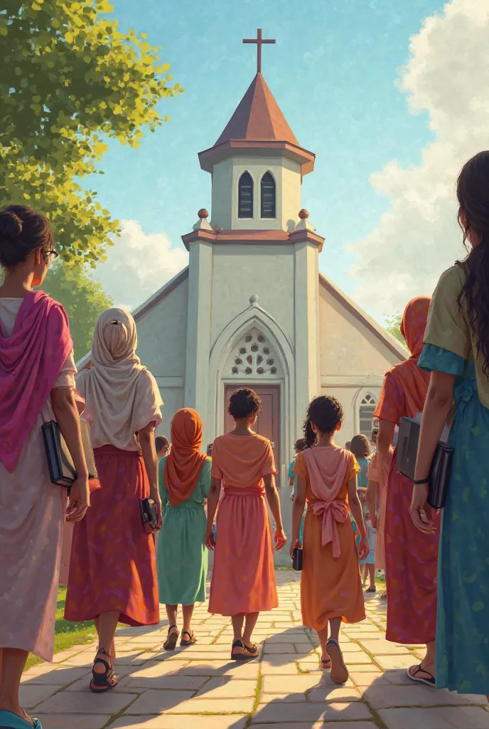 Image of an Adventist church with people, women and ren coming to church in modest current clothes, with their bibles and scarves on, from the Pixar-type Adventist Conquerors Club.. 