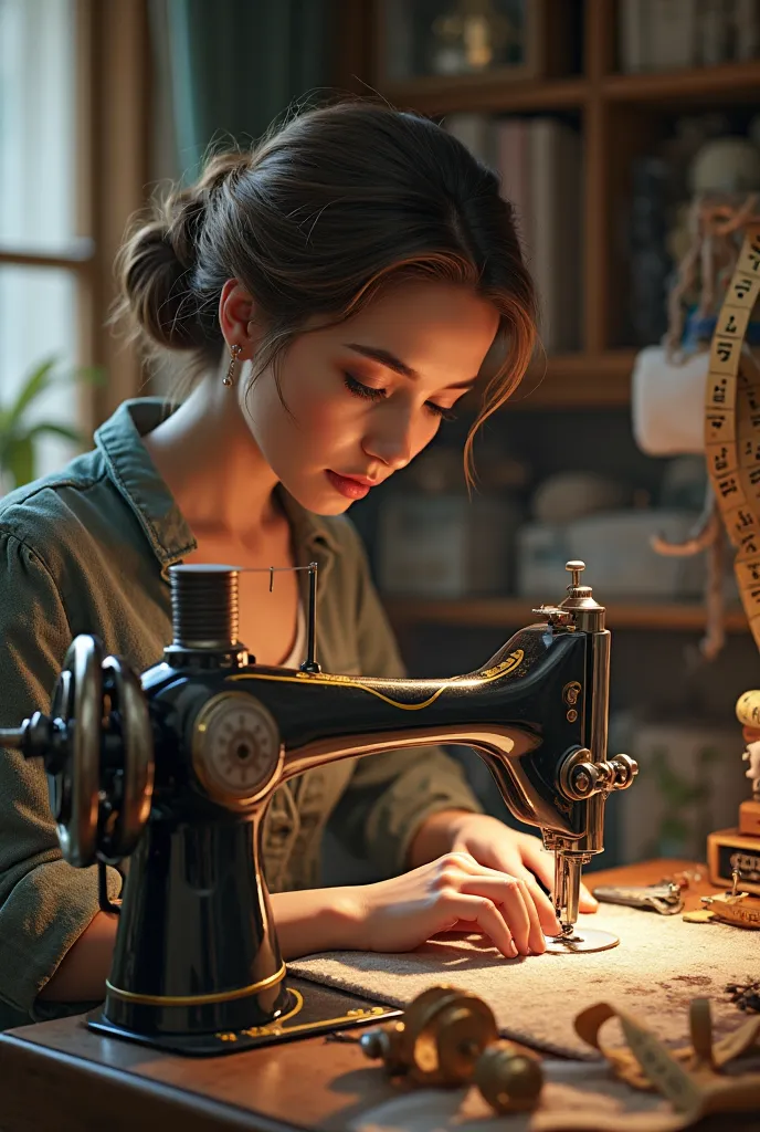 Sewing woman with sewing machine withe meter