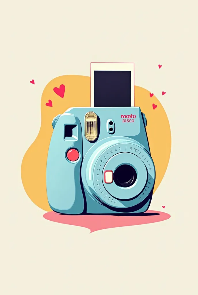 Create a colorful and cheerful logo with pastel colors with shades of blue,  yellow , pink and black and white for a business, Let it be a 3D drawing of a small Instax 11 mini instant camera with a Polaroid coming out of it, It is for a business called: PH...