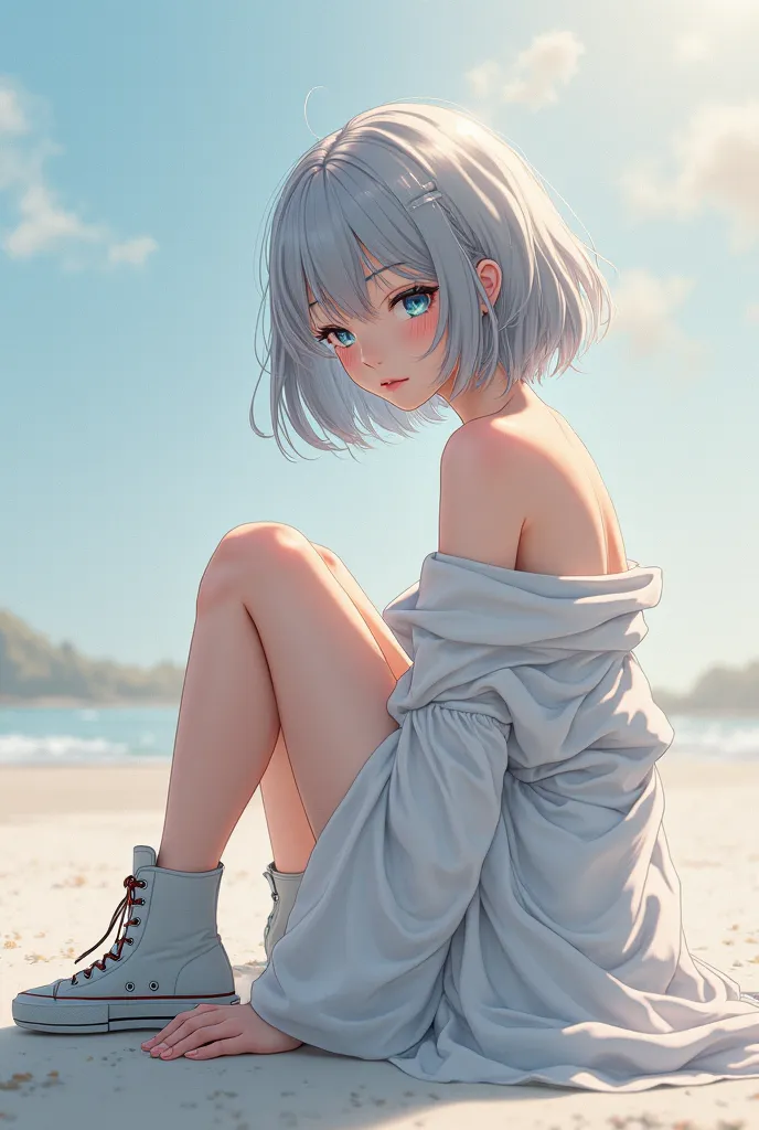 Beautiful anime girl, 25 years old, short gray hair, light blu eyes, shy, busty but not exagerated sitting on ground, low top boots