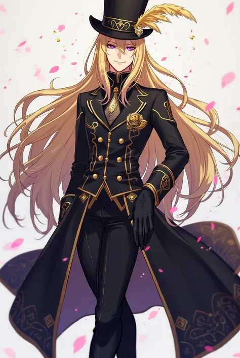 A man, long blonde hair, purple eyes, black longcoat with gems on it, a black tophat with gems and a golden feather, black pants and shoes, gloved hands, cassino Background, anime artstyle, arrogant smirk.