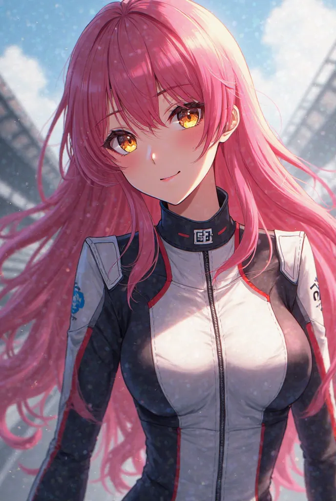 (maximum quality, best quality,  official art , beautiful and aesthetic:1.2) female anime, long pink hair, golden eyes, Auto racer costume clothing.
