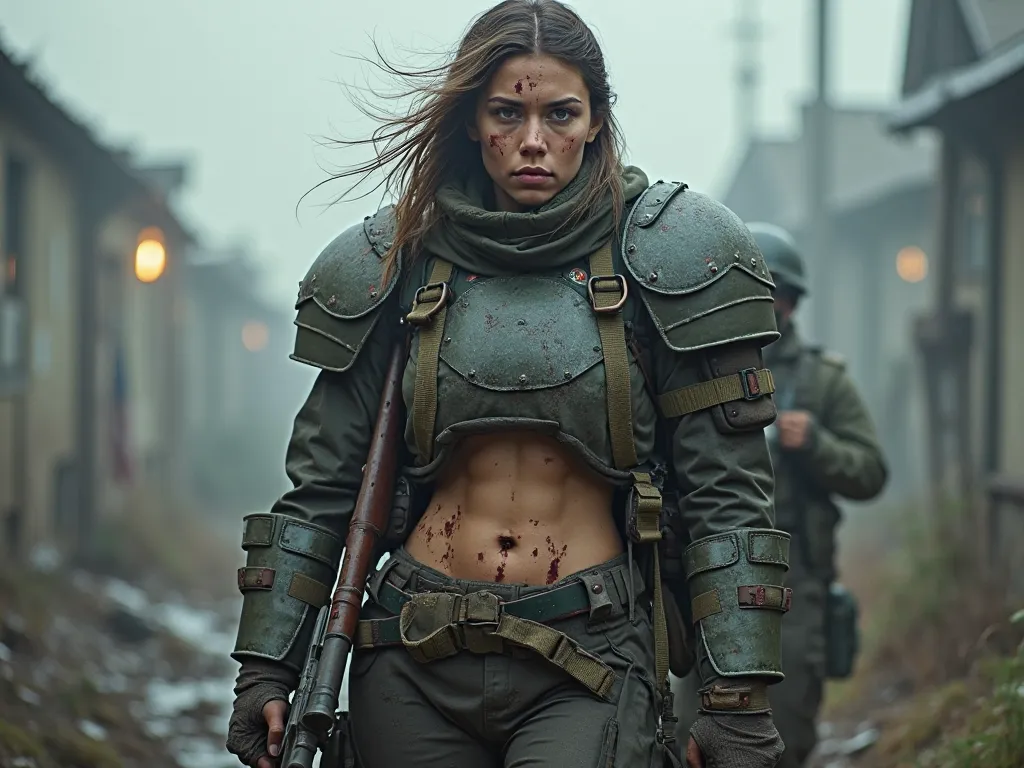 Russian female soldier standing with gun. Her chest is covered with armor . Her stomach and arm is not covered with armor. Her mouth is bleeding.