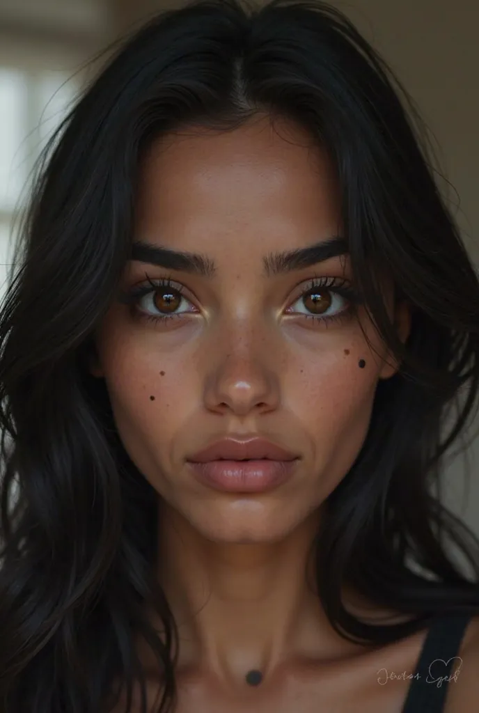 Take a picture of a dark girl, with black hair, Shoulder length hair,  with dark brown eyes, beautiful eyebrows, with lenses, 2 dots on the right side in the mustache area and a mole on the right side under the lower lip