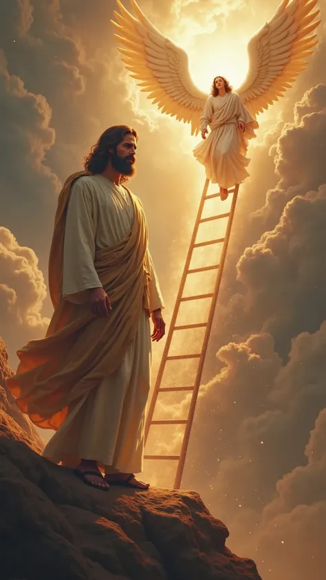 Jesus stands on a mountain, as the ladder to heaven opens behind him - angels descend, while looking directly at the observer. detailed photorealistic 8K scene, realistic lighting, dramatic atmosphere, heavenly surroundings, golden angel, detailed facial f...