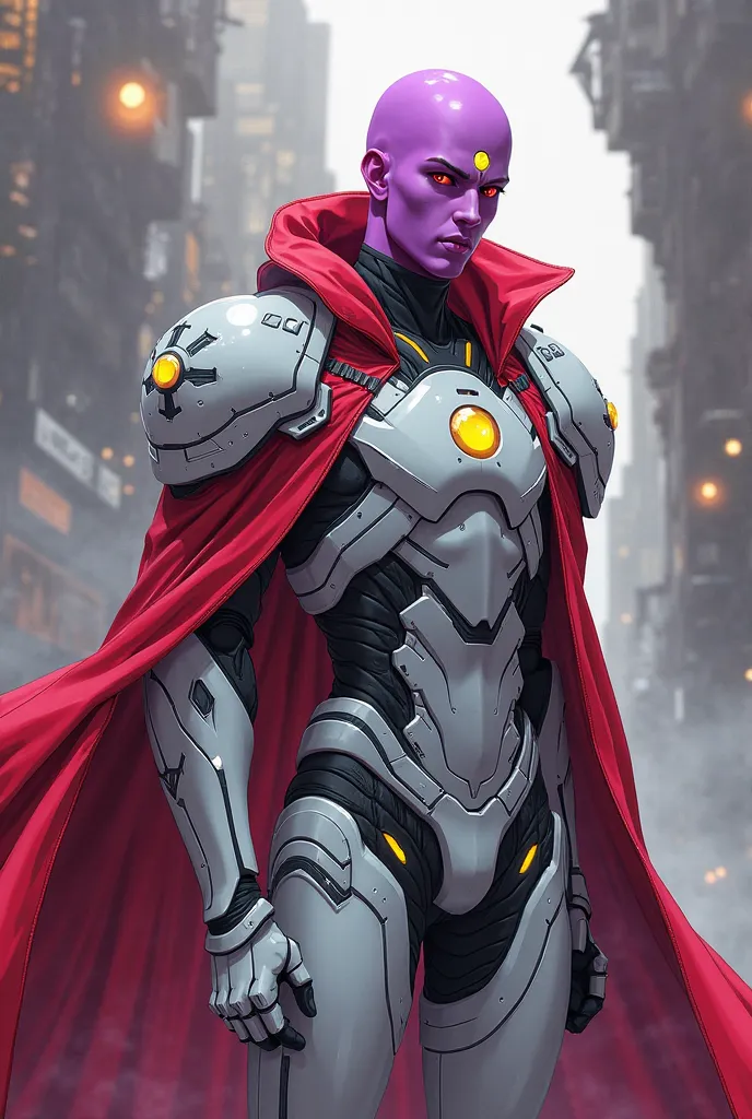 Anime boy with magenta skin. A bald head. Wearing white and grey space armor. And a long red cape. And a yellow eye shaped tattoo on his forehead