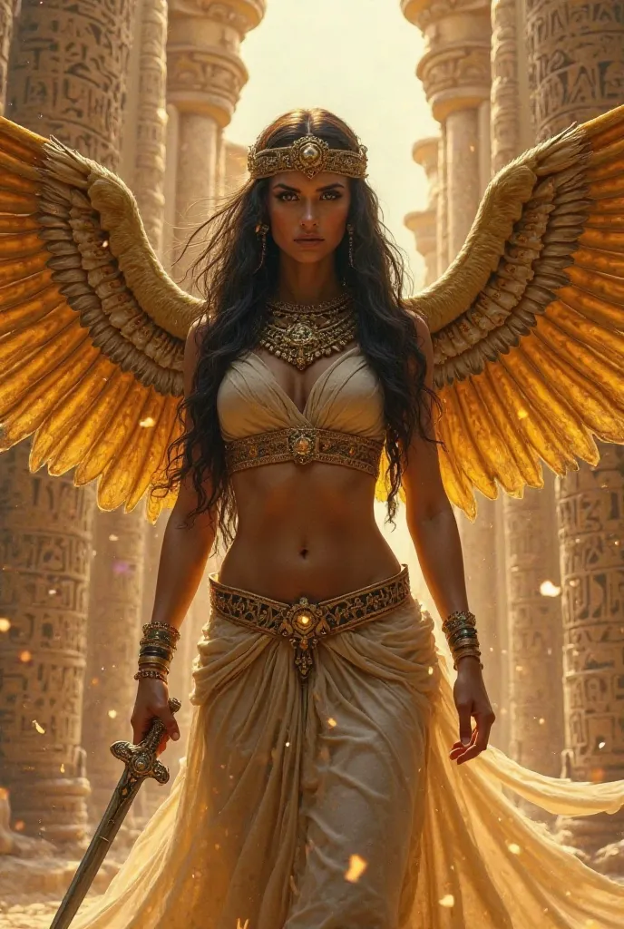 Create a heroine with some Egyptian features with golden wings with a dagger