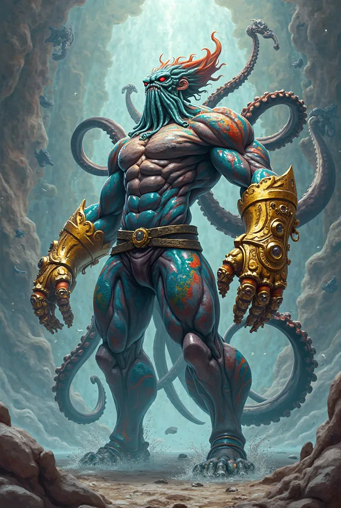 Anime style humanoid octopus man with a large golden gauntlet and a buff body