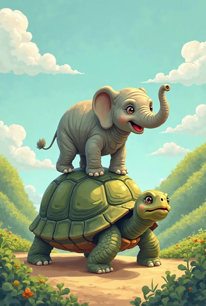 Create an image of a turtle towing an elephant on top of it in the form of a funny and cute cartoon 