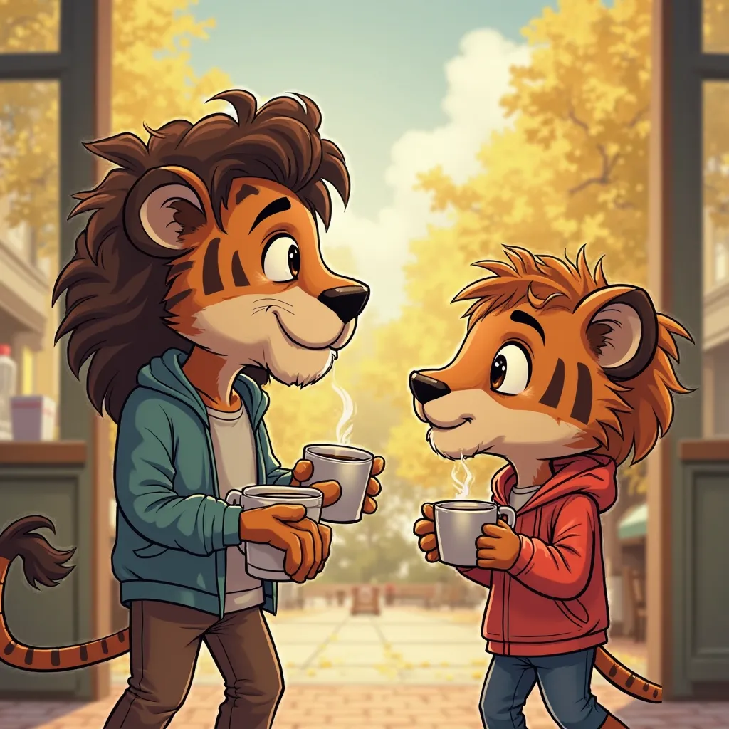 Make me an image for a comic, Where the characters are animals, Tiger and lion, 1. First picture:
- *Scene:* Laura and Diego walk into a cafeteria.  
- *dialogue:*  
  - *Laura:* How nice it feels to have coffee in the afternoon! What will you order?, Dieg...