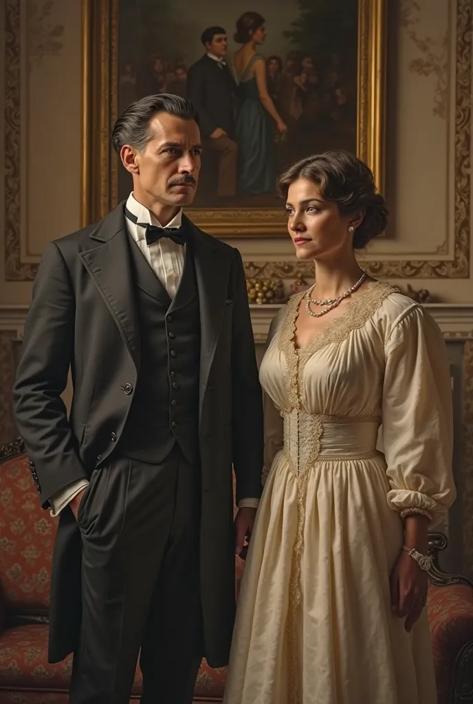 A married woman and man in an old house in London corresponding to wealthy people. Where they show concern for their mischievous son and daughter