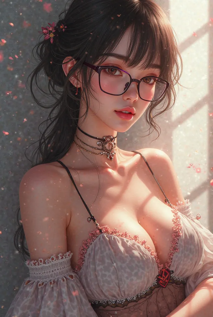 Sexy anime girl with glasses showing her nipples