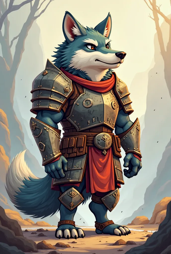 in cartoon theme make a standing wolf wearing old warrior armor with profile picture photo ratio 
