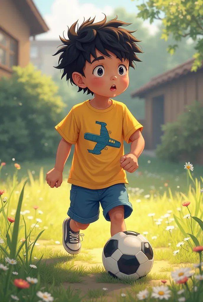 Front pacing fortrait, Riko  boy, small-bodied and agile, Short black-haired rather scruffy, bright round-eyed, wearing a yellow T-shirt with a picture of an airplane and blue shorts.from the yard of her home which is filled with green grass and small flow...